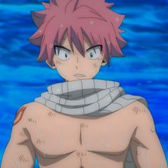 an anime character with pink hair and no shirt on standing in the water looking at something