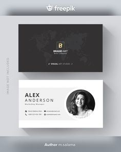 a black and white business card with a woman's face on the front, and a