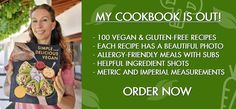 a woman holding up a sign that says,'my cookbook is out 100 vegan and gluten - free recipes each recipe has a beautiful photo allergy friendly meals with subs