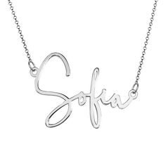 * Personalize with any name laser cut in a script font * 16 sterling silver box chain  * Lobster clasp closure * Constructed of sterling silver * Name measures approximately 1 - 1.75 L * Approximate weight 2.5 Grams * Made in USA  Give her a one-of-a-kind gift with the Personalized Modern Script Name Necklace, perfect for Mother's Day, a birthday and many other occasions! Personalized Throw Pillow, A Script, Name Jewelry, Silver Box, Script Font, Box Chain, Jewelry Gift Box, Name Necklace, Cable Chain