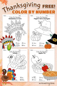 4 thanksgiving color by number printables Thanksgiving Color By Number, Number Printables, Classroom Preschool, Pumpkin Turkey, Thanksgiving Kindergarten, Color By Number Printable, Thanksgiving Activity, Thanksgiving Coloring