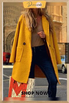 Yellow Fashion Women Temperament Mid-long Coat Yellow Coat Outfit, Oversize Coat, Woolen Coat Woman, Yellow Coat, Long Coat Jacket, Coat Outfit, Long Coat Women, Long Sleeve Outerwear, Mode Casual