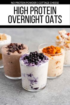 high protein overnight oats in glass cups with chocolate chips and blueberries on top