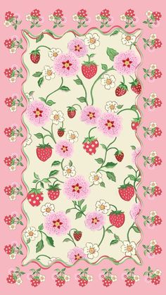 a pink background with strawberrys and flowers on it