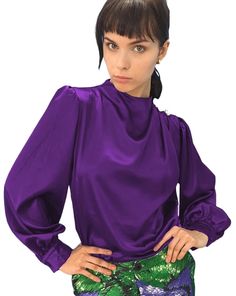 Purple Satin Blouse Modest Tops, Trendy Blouses, Modest Skirts, Satin Blouse, Designer Outfits Woman, Modest Dresses, Fashion Tops, Designing Women, Plus Size Fashion