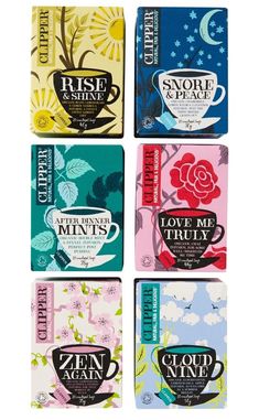 four tea bags with different designs on them