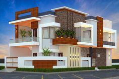 this is an image of a modern style house in the evening time with palm trees on the balconies