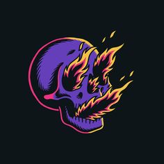 a colorful skull with flames on its face and head is shown in the middle of the image