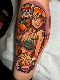 a cartoon tattoo on the leg of a woman with an orange and skull in her hand