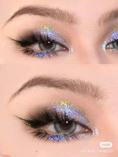 Sailor Moon Eye Makeup, Iredesant Makeup Look, Simple Colorful Makeup, Hooded Eye Eyeshadow, Iridescent Makeup Looks, Iridescent Eye Makeup, 1989 Makeup, Eye Makeup For Almond Eyes, Makeup For Monolids