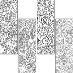 four different coloring pages with the words love and hearts on them, all in black and white