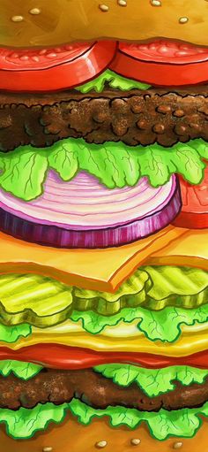 a painting of a large hamburger with lettuce and tomato slices on it's side