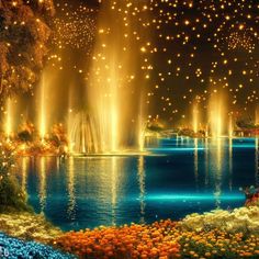 a large fountain with lights in the middle of a lake surrounded by flowers and trees