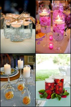 several different pictures with candles and flowers in them