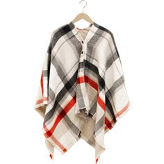 PREMIUM QUALITY: 52" long x 54" wide ruana poncho scarf is 100% soft and warm acrylic. One-size-fits-most style perfect for the autumn, fall, or winter seasons. Three plastic functional button closures are sewn on the front, creating a beautiful v-neck overlay design. IN-HOUSE DESIGN: Cream, light brown, gray, red & black provide an overall plaid checkered light crossed pattern. The interior is a solid light brown color. The bottom edges have a 1-inch frayed skirting. If desired, the shawl can b Winter Poncho, Kid Lifestyle, Poncho Cape, Scarf Poncho, Red Plaid, Womens Fall, Shawls And Wraps, Cardigans For Women, Shawl