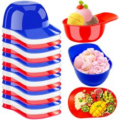 colorful plastic bowls and plates with food in them on white background, including strawberries, pineapples, ice cream, watermelon, rasp