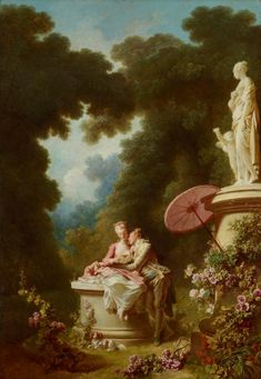 a painting of two people sitting on a statue