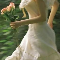 a woman in a white dress holding a rose