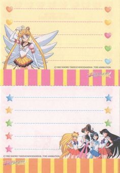 sailor moon themed stationery with hearts and stars on the bottom, and an image of sailor