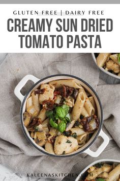 two pans filled with creamy sun dried tomato pasta on top of a gray cloth