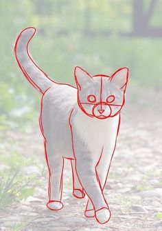 a drawing of a cat walking down a dirt road