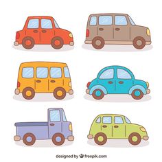 four different colored cars are shown in this illustration