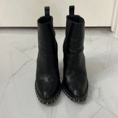 Authentic Stunning Chanel Black Boots With Silver-Time Chain Detail Size 36.5 100% Authentic All Pics Are Of Actual Item. Leather Boots With Spikes For Evening, Black Studded Boots For Formal Occasions, Elegant Spiked Formal Boots, Elegant Formal Boots With Studded Rubber Outsoles, Formal Black Boots With Spikes, Edgy Spiked Boots For Formal Occasions, Formal Boots With Studded Rubber Outsoles, Elegant Black Boots With Spikes, Shoes Chanel