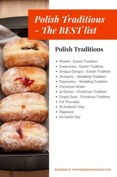 polish traditional pastries in a tray on a wooden table with text overlay that reads polish traditions the best list