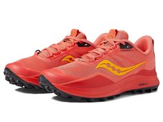 Saucony Peregrine 12 - Women's Shoes : Coral/Red Rock : Get ready for a run or high-intensity workouts wearing the Saucony Peregrine 12 Shoes. Textile and PU upper. Textile lining and removable insole. Lace-up closure. Ultralight, durable mesh top layer. Round toe. Signature brand name logo on the tongue. Padded collar for enhanced comfort. Pull loops for easy wear and removal. PWRTRAC rubber lugs and cushioning. Textile and synthetic sole for added traction and durability. Imported. Measurement Functional Running Shoes With Vibram Sole And Athletic Fit, Synthetic Round Toe Running Shoes For Trail, Athleisure Trail Running Sneakers With Round Toe, Athleisure Sneakers For Trail Running With Round Toe, Synthetic Athletic Fit Sneakers For Trail Running, Low-top Athleisure Walking Shoes For Trail Running, Dynamic Sneakers With Branded Insole For Trail Running, Athleisure Running Shoes With Vibram Sole For Errands, Functional Running Shoes With Vibram Sole