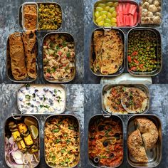 six containers filled with different types of food on top of a table next to each other