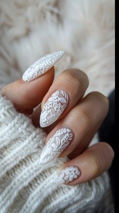 White lace themed nail designs on a woman’s hand --v 6   --style raw Lace Nail Design Wedding, Wedding Nails White And Silver, Lace Inspired Nails, Lace Pattern Nails, White Lace Nail Design, Fantasy Wedding Nails, Filigree Nail Art, Mrs Nails, Victorian Nails Designs