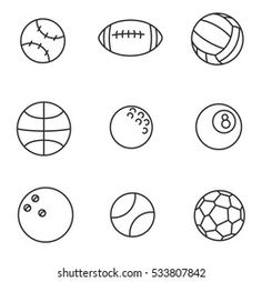 a set of nine different sports balls in line art style on a white background with space for text