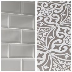 two different tile designs with white and gray colors on them, one is grey and the other is white