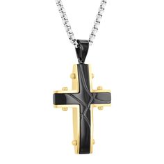 Stainless steel rivet cross pendant with black and gold-tone plating. Includes a 24-inch stainless steel rolo link chain necklace with lobster claw closure. Gift Black Cross Necklace With Chain, Black Cross Necklace With Chain As Gift, Stainless Steel Cross Necklace With Chain, Black Metal Cross Necklace As Gift, Black Jewelry With Adjustable Chain And Cross Pendant, Black Cross Necklace With Chain, Black Cross Pendant Chain Necklace, Black Cross Necklace With Box Chain, Black Cross Pendant Necklace With Chain