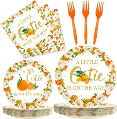 a little cutie is on the way dinnerware set with oranges and flowers