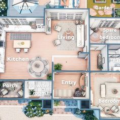 an aerial view of a house with all the rooms labeled in blue and white colors