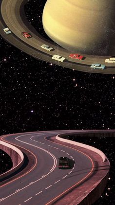 an artist's rendering of a planet with cars driving on the road in front of it