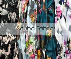 several fabrics are shown with the words scrubba fabrics above them in white, black, and pink