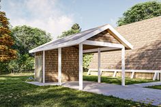 an artist's rendering of a small wooden shelter in the middle of a grassy area