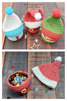 crocheted christmas hats with candy in them sitting on a wooden table next to each other