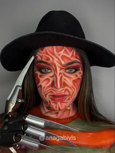 Freddy Makeup Women, Pennywise Face Makeup, Freddy Kruger Make Up Diy, Freddy Krueger Women Makeup, Freddie Cruger Make Up, Freddie Kruger Makeup Women, Freddy Makeup Halloween, Halloween Makeup Freddy Kruger, Freddy Krueger Face Paint