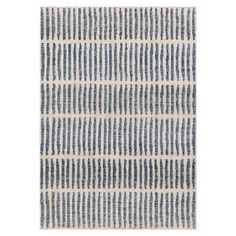 a blue and white rug with vertical lines on it, in the shape of stripes