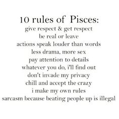 a poem written in black and white with the words 10 rules of pisces