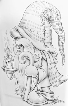 a drawing of an old wizard holding a candle and wearing a hat with his eyes closed