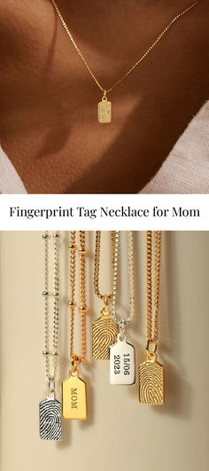 This Fingerprint Tag Necklace for Mom is the perfect gift for the woman who treasure every moment. Capture a loved one's fingerprint on a paper, personalize the back with a heartfelt message for an exquisite and meaningful gift Mom will cherish. 🧡 #FingerprintNecklace #MomJewelry #MomNecklace #MomGifts #NecklaceWithFingerprint Personalized Jewelry For Mom, Mama Ring, Everyday Earrings Simple, Gift Ideas Jewelry, Simple Silver Earrings, Mom Gift Ideas, Jewelry For Mom, Birthday Presents For Mom