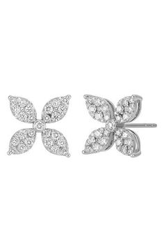 These floral-inspired stud earrings handcrafted from 18-karat gold blossom with diamond pavé. 1/2" square Total diamond weight: 1.22ct. Color: G Clarity: VS 18k gold/diamond Imported >Diamond Guide Luxury Diamond Cluster Earrings In Flower Shape, Formal Flower-shaped Diamond Earrings With Single Cut Diamonds, Flower Shaped Diamond Earrings In Fine Jewelry Style, Fine Jewelry Flower-shaped Diamond Earrings, Fine Jewelry Flower-shaped Earrings With Single Cut Diamonds, Luxury Diamond White Flower Earrings, Luxury Diamond Cluster Earrings With Pave Setting, Bony Levy, Diamond Guide