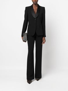 Find GIORGIO ARMANI Single-breasted Trouser Suit on Editorialist. black silk Jacket: shawl lapels front button fastening long sleeves buttoned cuffs chest welt pocket two front jetted pockets straight hem Trousers: tailored design pressed crease high-waisted flared two side inset pockets Luxury Long Sleeve Formal Pantsuit, Long Sleeve Silk Suit For Office, Tailored Long Sleeve Evening Pantsuit, Luxury Long Sleeve Tuxedo For Office, Chic Business Tuxedo With Long Sleeves, Chic Long Sleeve Business Tuxedo, Black Evening Suit With Shawl Collar, Elegant Evening Pantsuit With Suit Collar, Sleek Long Sleeve Formal Pantsuit