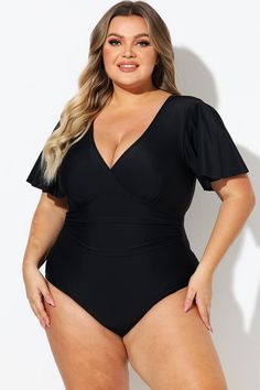 Solid Black V-Neck Sleeves One Piece Swimsuit Chic Black V-neck Swimwear, Black V-neck Bodysuit For Swimming, Black V-neck One Piece With Lined Body, Black V-neck One-piece With Lined Body, Blouson Tankini, Underwire Tankini, Shapewear Tops, On Or Off, Swimsuit Models