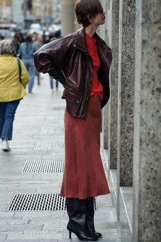 SATIN EFFECT MIDI SKIRT ZW COLLECTION - Red | ZARA United States Red Skirt Street Style, Midi Red Skirt Outfit, Red Silk Skirt Outfit, Long Red Skirt Outfit, Long Skirt With Boots, Leather Midi Skirt Outfit, Red Skirt Outfit, Red Skirt Outfits, Silk Skirt Outfit