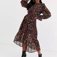 Frill Neck Midi Smock Dress Eloda Black Us Size 4 S2 Black Smock Dress For Fall, Midi Smock Dress, Green Corset, Satin Wrap Dress, Strappy Midi Dress, Missguided Dress, One Shoulder Midi Dress, Petite Dress, Frill Sleeves